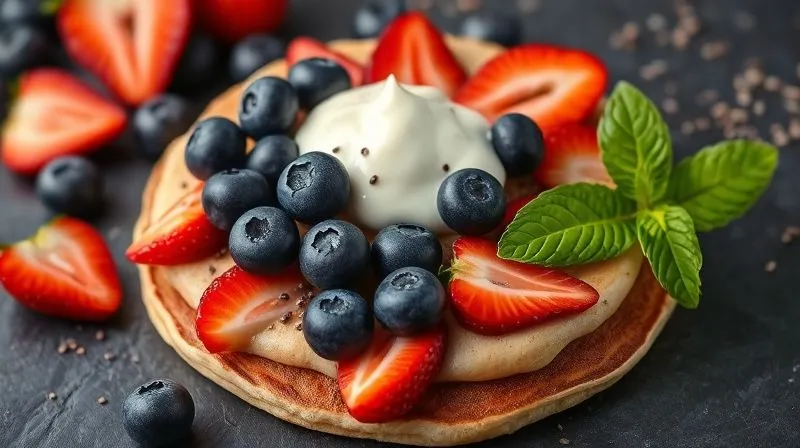 Photorealistic, professional photography, 8K, cinematic lighting, sharp focus, depth of field, shot on a high-end DSLR. A vibrant, colorful array of vegan pancake toppings: fresh blueberries, sliced strawberries, a sprinkle of chia seeds, a dollop of unsweetened vegan yogurt, and a few mint leaves, artfully arranged on a dark slate background, conveying freshness and health, with soft, inviting light.