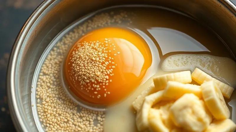 A close-up, photorealistic image of a bowl with ground flaxseed mixed with water, forming a gelatinous 'flax egg', next to a bowl of ripe mashed banana, representing vegan egg substitutes. Cinematic lighting, sharp focus, 8K, shot on a high-end DSLR.