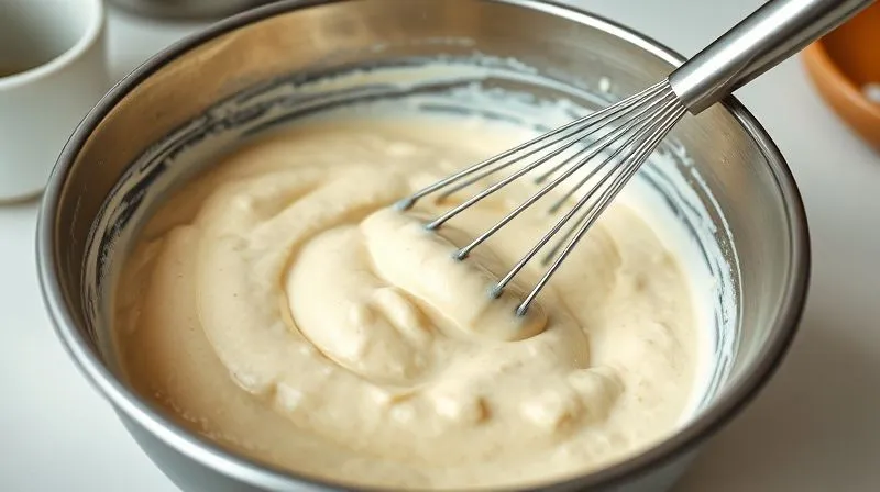 A close-up, photorealistic shot of vegan pancake batter being gently mixed in a bowl with a whisk, showing a slightly lumpy but smooth consistency, ready for cooking. The background is a clean, bright kitchen. Cinematic lighting, sharp focus, 8K, shot on a high-end DSLR.