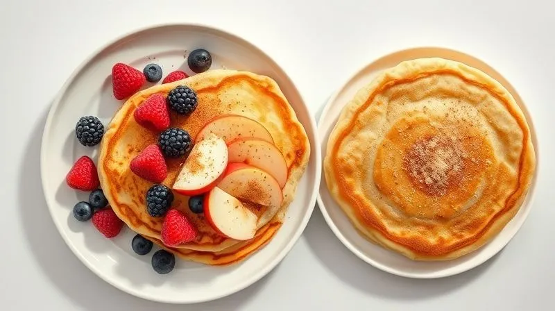 A vibrant, photorealistic overhead shot of three distinct plates, each presenting a different type of vegan pancake: one with berries, one with apple slices and cinnamon, and one with a protein powder-infused batter, all perfectly fluffy and golden. The setting is bright and inviting. Cinematic lighting, sharp focus, 8K, shot on a high-end DSLR.