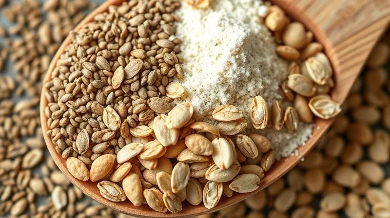 Photorealistic close-up of various natural binding agents for vegetarian patties: chia seeds, flaxseeds, chickpea flour, and rolled oats, beautifully arranged on a wooden spoon, 8K, cinematic lighting.