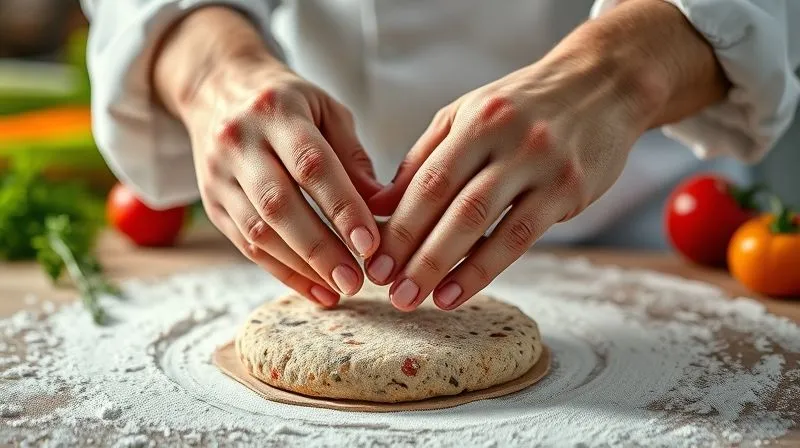Photorealistic, professional photography, 8K, cinematic lighting, sharp focus, depth of field. A chef's hands carefully forming a vegetarian patty on a flour-dusted surface, with a background of fresh vegetables and herbs, emphasizing precision and care.