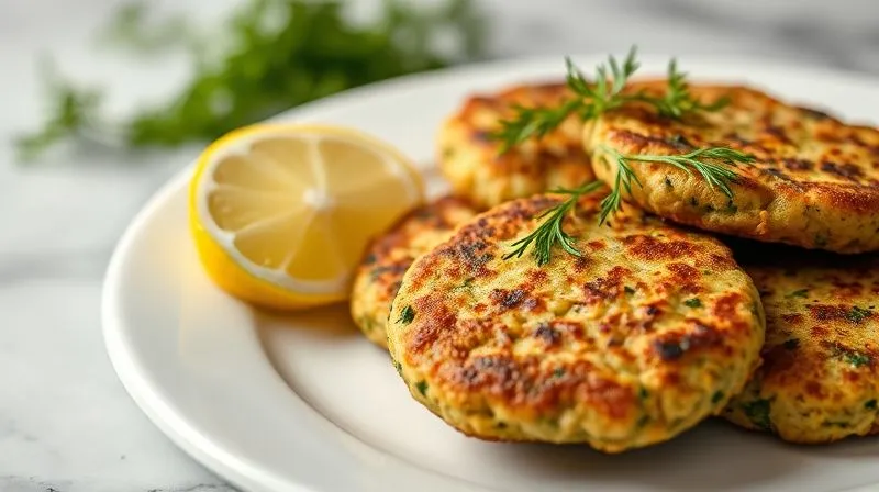 Photorealistic, professional photography, 8K, cinematic lighting, sharp focus, depth of field. A plate of perfectly golden-brown chickpea and spinach low-calorie patties, garnished with fresh dill and a lemon wedge, on a minimalist white plate, ready to be served, inviting and healthy.