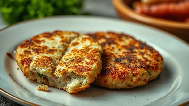 A photorealistic image of a crumbled, sad-looking vegetarian cutlet on a plate next to a perfectly formed, golden-brown, firm vegetarian cutlet, emphasizing the contrast between failure and success. Cinematic lighting, sharp focus on both cutlets, depth of field blurring the background. 8K hyper-detailed, professional photography, shot on a high-end DSLR.