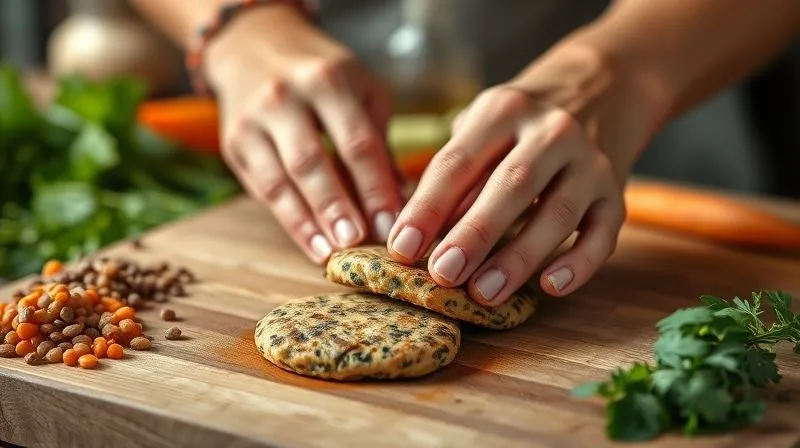 A professional, photorealistic close-up of hands gently forming perfectly shaped vegetarian cutlets on a wooden cutting board, with various colorful ingredients (lentils, carrots, herbs) blurred in the background. Cinematic lighting, sharp focus on the hands and cutlets, depth of field. 8K hyper-detailed, professional photography, shot on a high-end DSLR.