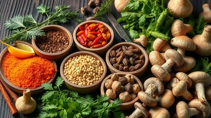 A professional, photorealistic close-up of a vibrant array of fresh herbs, exotic spices in small bowls, and various types of dried mushrooms on a dark wooden background, emphasizing rich colors and textures. Cinematic lighting, sharp focus on the details, depth of field. 8K hyper-detailed, professional photography, shot on a high-end DSLR.