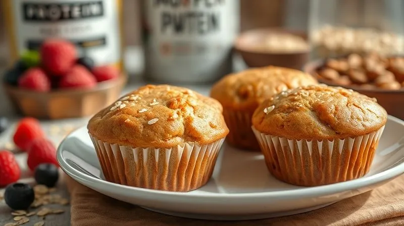 A photorealistic, professional photography shot of a plate of perfectly golden-brown, moist protein muffins, with subtle steam rising, suggesting warmth and freshness. In the background, out of focus, are fresh berries, oats, and a high-quality protein powder container. The scene evokes a feeling of healthy indulgence and satisfaction. 8K, cinematic lighting, sharp focus on the muffins, depth of field blurring the background, shot on a high-end DSLR.