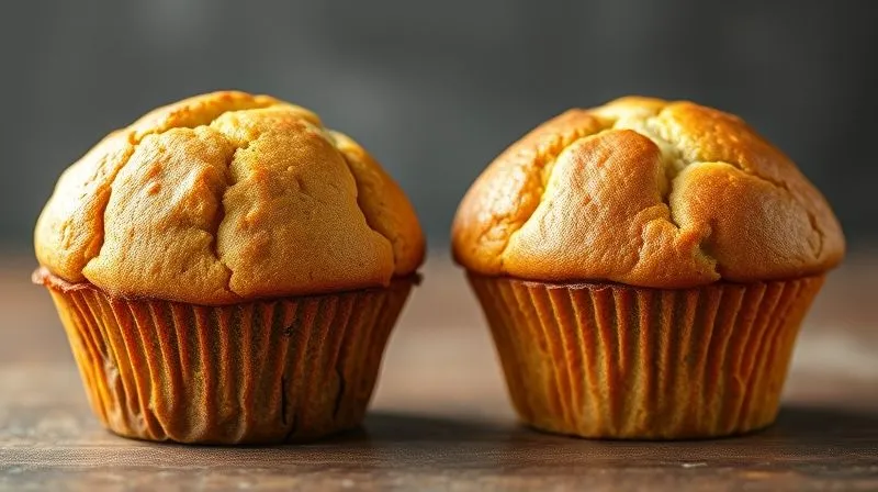 A photorealistic comparison shot: on the left, a dry, crumbly, unappetizing protein muffin with visible cracks; on the right, a perfectly golden-brown, visibly moist and fluffy protein muffin with a soft texture. Cinematic lighting, sharp focus on both muffins, depth of field blurring a neutral background, 8K, professional photography shot on a high-end DSLR, emphasizing the contrast.