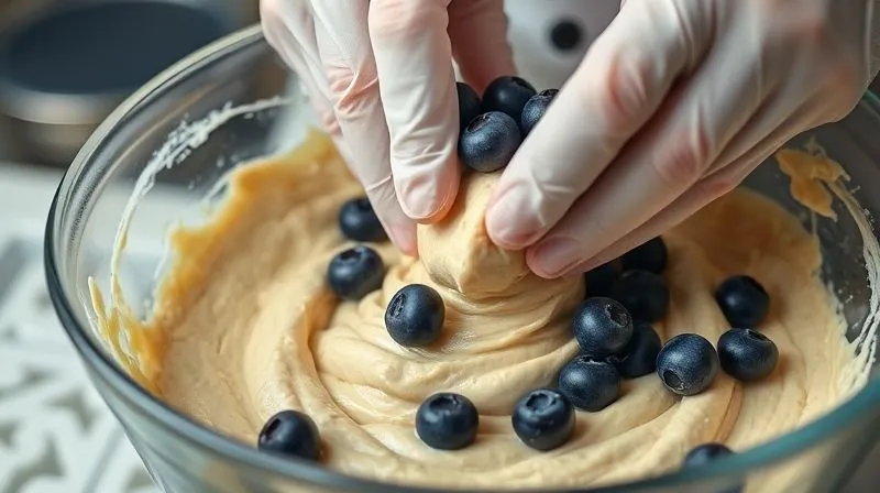 A close-up, photorealistic shot of a skilled baker gently folding fresh blueberries into a thick, creamy protein muffin batter in a large mixing bowl. The batter has a slightly textured, moist appearance. The baker's hands are visible, wearing clean gloves. Cinematic lighting, sharp focus on the batter and blueberries, depth of field blurring the kitchen background, 8K, professional photography shot on a high-end DSLR.