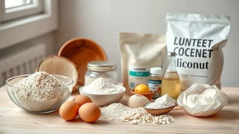 Photorealistic, professional photography of a carefully arranged selection of gluten-free baking ingredients on a light wooden table: a bowl of gluten-free oat flour, a small pile of almond flour, a jar of coconut flour, fresh eggs, a container of natural Greek yogurt, a scoop of vanilla whey protein powder, a bottle of melted coconut oil, and a bag of erythritol. Soft, natural lighting from a window, sharp focus on the ingredients, depth of field blurring the background. 8K hyper-detailed, shot on a high-end DSLR, emphasizing freshness and quality.