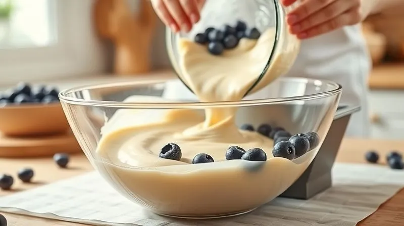 Photorealistic, professional photography of a home kitchen scene during the baking process of a gluten-free fitness cake. A glass mixing bowl filled with a smooth, light-colored cake batter, with fresh blueberries gently folded in. In the background, a person's hands (blurred) are carefully pouring the batter into a rectangular loaf pan lined with parchment paper. Cinematic lighting from a window, sharp focus on the bowl and batter, depth of field blurring the background kitchen elements. 8K hyper-detailed, shot on a high-end DSLR, conveying a sense of careful preparation and healthy cooking.