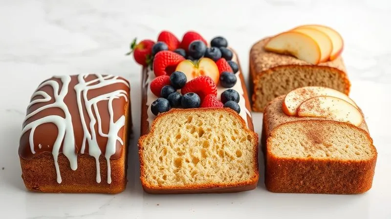 Photorealistic, professional photography of three distinct variations of the gluten-free fitness cake, beautifully arranged on a white marble countertop. One is a chocolate version, drizzled with a light protein glaze. Another is a vibrant berry cake, topped with fresh raspberries and blueberries. The third is a spiced apple cake, garnished with thinly sliced apples and a sprinkle of cinnamon. All cakes are perfectly sliced, revealing their moist interior. Soft, diffused natural light, sharp focus on the cakes, depth of field blurring the background. 8K hyper-detailed, shot on a high-end DSLR, emphasizing variety and healthy indulgence.