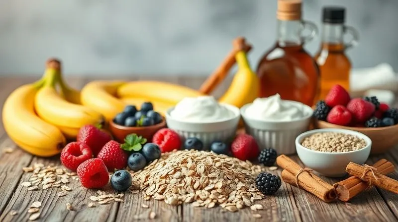 A photorealistic, professional photography shot of various healthy baking ingredients artfully arranged on a rustic wooden table: rolled oats, ripe bananas, Greek yogurt, fresh berries, chia seeds, cinnamon sticks, and a bottle of maple syrup. Cinematic lighting, sharp focus on the ingredients, depth of field blurring the background, 8K hyper-detailed, shot on a high-end DSLR, conveying freshness and potential for delicious, healthy food.