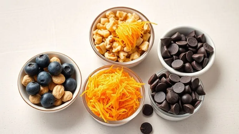 A photorealistic, professional photography shot of a variety of colourful, healthy muffin fillings in separate small bowls: fresh blueberries, chopped walnuts, grated orange zest, and dark chocolate chips. The bowls are arranged on a light, textured background with soft, natural lighting, sharp focus on the ingredients, depth of field blurring the surrounding, 8K hyper-detailed, shot on a high-end DSLR, conveying freshness and culinary inspiration.