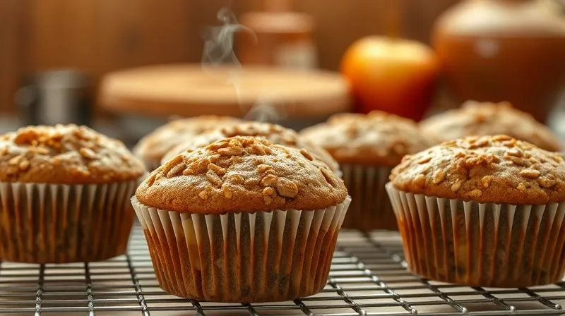 A photorealistic, professional photography shot of freshly baked, golden-brown oat muffins with visible apple pieces and a dusting of cinnamon, cooling on a wire rack. Steam gently rises from some of them, set against a warm, inviting kitchen background with soft, cinematic lighting, sharp focus on the muffins, depth of field blurring the background, 8K hyper-detailed, shot on a high-end DSLR, conveying warmth, deliciousness, and homemade goodness.