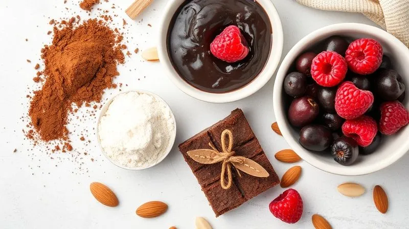 A visually appealing flat lay of various healthy ingredients for protein brownies: dark cocoa powder, a scoop of vanilla whey protein, a bowl of black bean puree, almond flour, erythritol, and a few fresh raspberries, professional photography, 8K, cinematic lighting, sharp focus, depth of field, shot on a high-end DSLR.