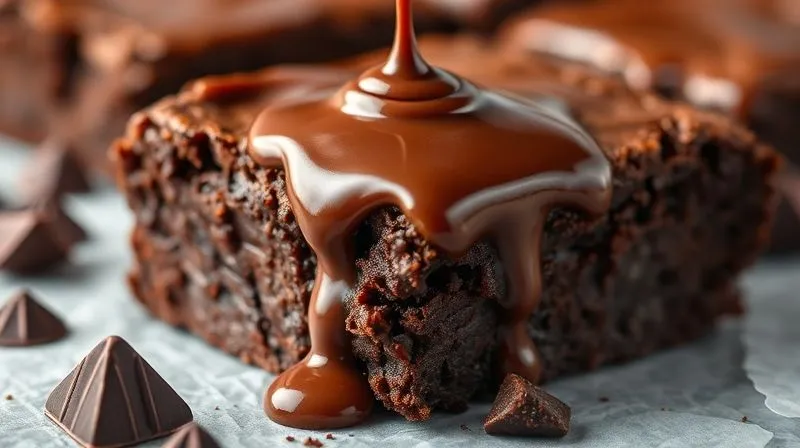 A close-up, photorealistic shot of a protein brownie being drizzled with a rich, sugar-free chocolate ganache. The ganache drips enticingly down the side, professional photography, 8K, cinematic lighting, sharp focus, depth of field, shot on a high-end DSLR.