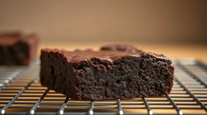 A professional studio shot of a perfectly baked, dark chocolate protein brownie cooling on a wire rack, with a single, slightly overbaked, cracked brownie in the background, subtly out of focus, illustrating a common mistake. Cinematic lighting, sharp focus on the perfect brownie, 8K hyper-detailed, shot on a high-end DSLR.
