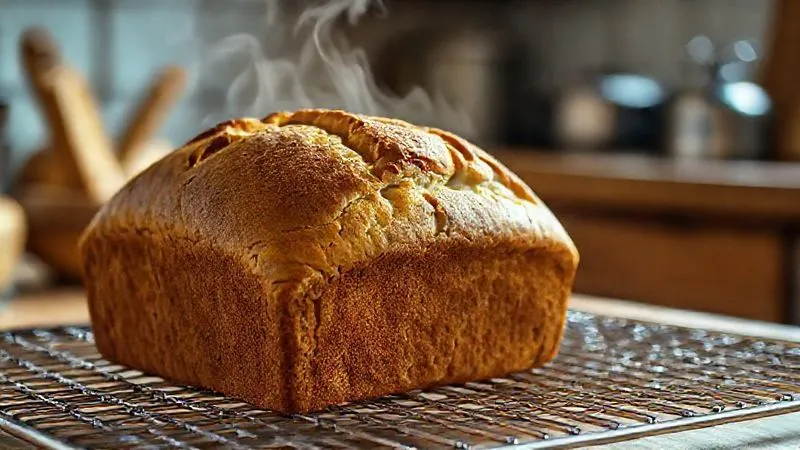 Photorealistic image of a golden-brown banana bread loaf cooling on a wire rack, with steam subtly rising, in a warm kitchen setting. Cinematic lighting highlights the texture of the bread. Sharp focus on the loaf, deep depth of field blurring the background. Shot on a high-end DSLR, 8K hyper-detailed.