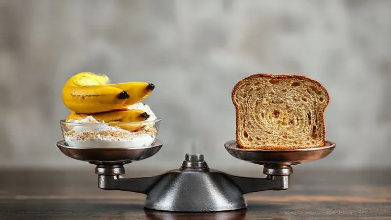 A conceptual photorealistic image of a balanced scale, with very ripe bananas, whole-grain flour, and yogurt on one side, and a perfectly sliced, moist banana bread on the other, representing the ideal balance of healthy ingredients and delicious taste. Cinematic lighting, 8K, sharp focus on the scale, depth of field blurring the background.