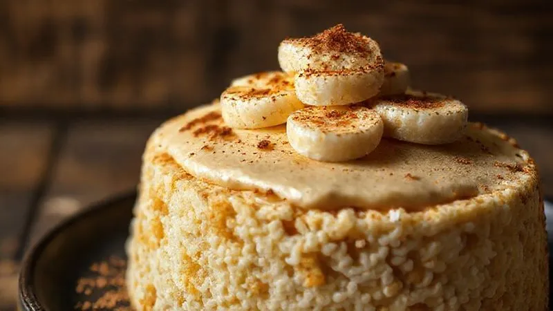 Photorealistic close-up of a perfectly prepared rice cake with a generous spread of creamy peanut butter, topped with thinly sliced ripe bananas and a dusting of cinnamon. Soft, natural light, sharp focus on the textures, depth of field blurring a rustic wooden background. 8K, professional food photography.