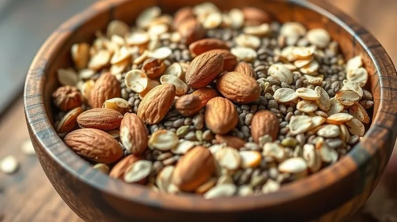 A close-up, photorealistic shot of a rustic wooden bowl filled with a mix of rolled oats, almonds, pumpkin seeds, and chia seeds, arranged aesthetically. The ingredients look fresh and wholesome, with soft, natural light. Photorealistic, professional photography, 8K, cinematic lighting, sharp focus, depth of field, shot on a high-end DSLR.