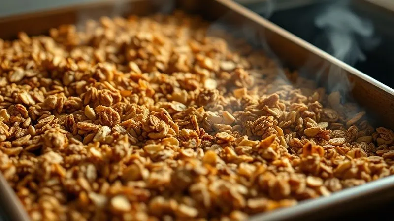 A photorealistic close-up of golden-brown homemade granola baking in a large, rustic sheet pan, fresh out of the oven. Steam is gently rising, and the clusters look perfectly crispy and inviting. The background shows a soft, warm kitchen environment. Photorealistic, professional photography, 8K, cinematic lighting, sharp focus, depth of field, shot on a high-end DSLR.