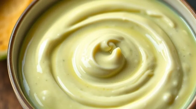 Photorealistic image of a creamy, light green avocado sauce swirling next to a bowl of vibrant yellow Greek yogurt, both presented as healthy alternatives to traditional mayonnaise. Cinematic lighting, sharp focus on the textures, depth of field. 8K, professional photography, shot on a high-end DSLR.
