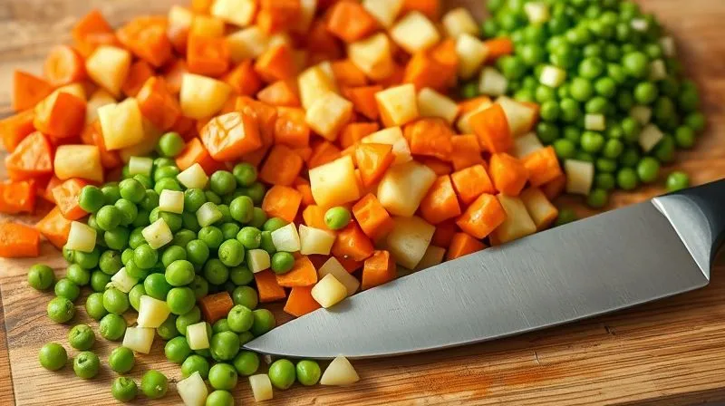 Photorealistic image of a cutting board filled with perfectly diced, vibrant vegetables (carrots, potatoes, celery root, peas) ready for a salad. A sharp chef's knife rests beside them. Cinematic lighting, sharp focus on the precision of the cuts, depth of field. 8K, professional photography, shot on a high-end DSLR.