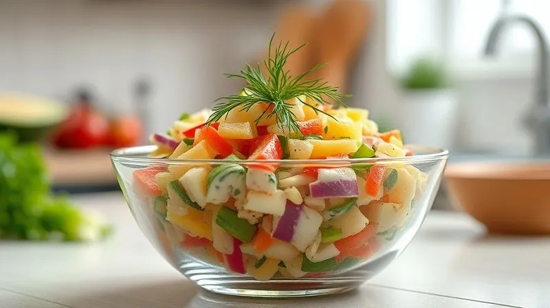 Photorealistic, professional photography, 8K, cinematic lighting, sharp focus, depth of field, shot on a high-end DSLR. A beautifully presented, healthy Polish vegetable salad (sa?atka jarzynowa) in a clear glass bowl, showcasing the vibrant colors and textures of the finely diced vegetables. A delicate, creamy, light dressing lightly coats the ingredients. Fresh dill sprigs are artfully placed on top. The background is a clean, bright kitchen counter, softly blurred. The image evokes freshness, health, and gourmet quality.
