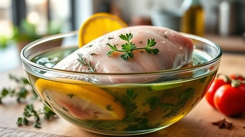 Photorealistic image of a vibrant, healthy marinade in a glass bowl, with fresh herbs, olive oil, lemon wedges, and spices visible. A raw turkey cutlet is partially submerged in the marinade. Cinematic lighting, sharp focus on the ingredients, depth of field blurring a modern kitchen background. 8K hyper-detailed, professional photography.