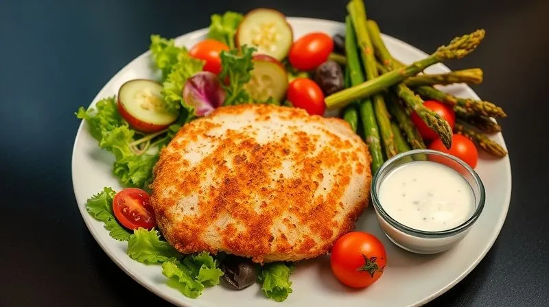 A photorealistic, professional photography image of a perfectly plated healthy dinner. A golden-brown, crispy turkey cutlet is the centerpiece, surrounded by a vibrant fresh salad with mixed greens, cherry tomatoes, and cucumber, and a side of roasted asparagus. A small bowl of light yogurt-herb sauce is next to it. Cinematic lighting, sharp focus on the food, depth of field blurring a clean, modern dining setting. 8K hyper-detailed, evokes a sense of delicious and nutritious meal satisfaction.