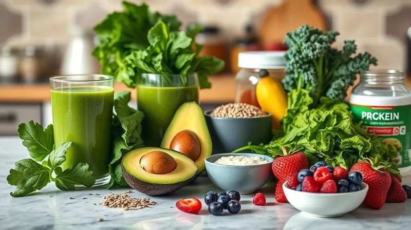 A vibrant, professional photography shot of a kitchen counter with an array of fresh, healthy ingredients for a green smoothie: spinach, kale, avocado, chia seeds, flax seeds, protein powder, Greek yogurt, and a handful of mixed berries, all arranged aesthetically with cinematic lighting and sharp focus. 8K, shot on a high-end DSLR.
