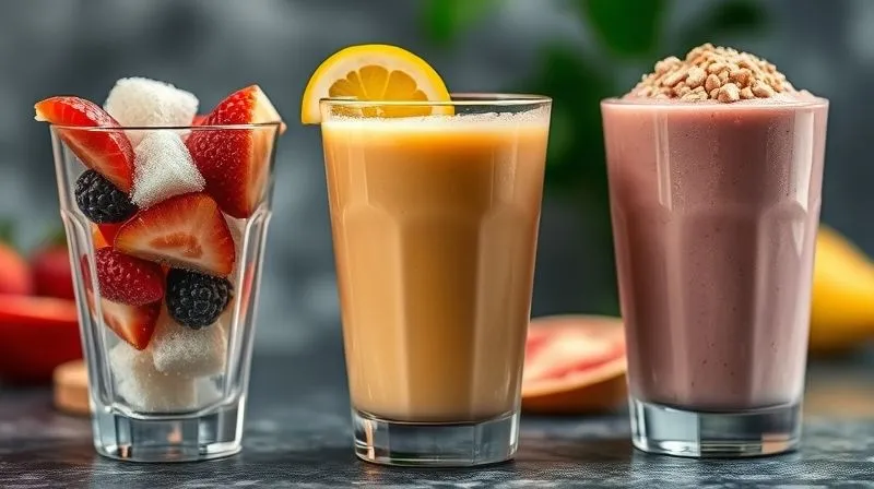 A photorealistic image depicting common smoothie mistakes: one glass overflowing with excessive fruit and sugar cubes, another with a watery, bland-looking liquid, and a third with undissolved protein powder clumps. The scene uses professional photography, 8K, cinematic lighting, sharp focus on the mistakes, depth of field blurring the background, shot on a high-end DSLR.