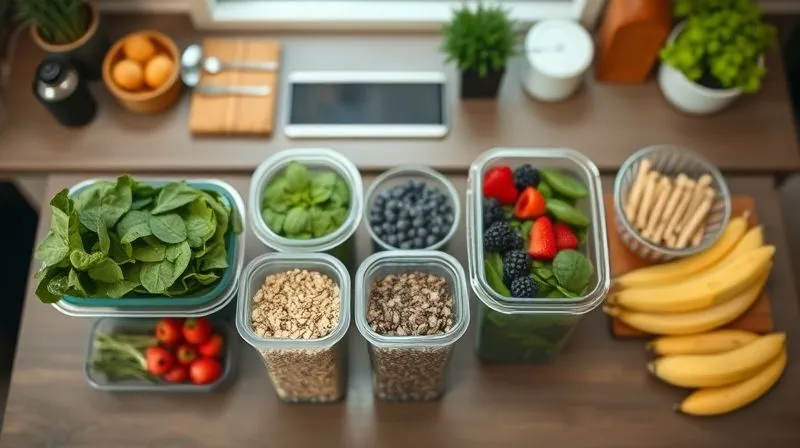A photorealistic overhead shot of a neatly organized meal prep station in a modern kitchen, featuring several glass containers with pre-portioned green smoothie ingredients (spinach, berries, seeds) alongside other healthy lunch and dinner components. Professional photography, 8K, cinematic lighting, sharp focus on the organized containers, depth of field blurring the background, shot on a high-end DSLR.