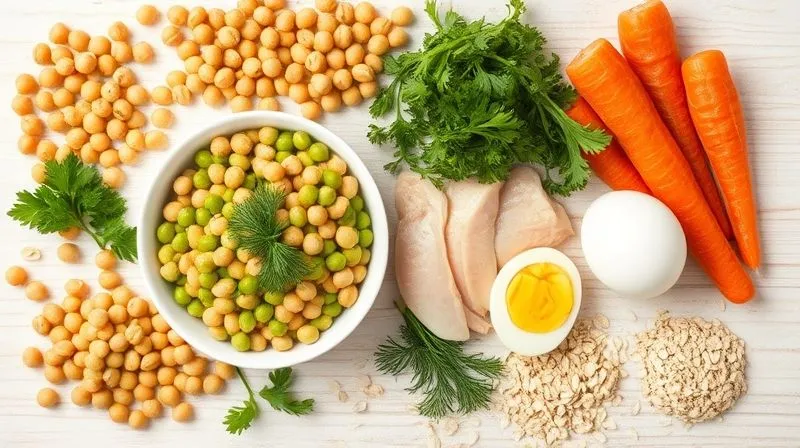 A vibrant, professional photorealistic flat lay of various high-fiber and high-protein ingredients suitable for a healthy soup: a bowl of cooked chickpeas, fresh green lentils, lean chicken breast slices, a few hard-boiled eggs, fresh dill, chopped carrots, celery, and a small pile of oats. All arranged artistically on a light wooden background with soft, natural light, 8K, sharp focus, depth of field.