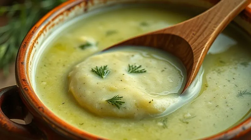 A close-up, photorealistic shot of a creamy, vibrant green dill soup being stirred in a rustic ceramic bowl with a wooden spoon. The texture is thick and smooth, indicating natural thickening. Steam gently rises from the soup. The background is softly out of focus, suggesting a cozy kitchen environment with natural light, 8K, sharp focus, depth of field.