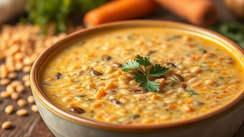 A vibrant, close-up photorealistic image of a steaming bowl of creamy lentil and vegetable soup, with visible textures of blended vegetables and lentils. Garnished with a sprinkle of fresh parsley and a few roasted pumpkin seeds. The background shows a wooden table with blurred raw lentils, carrots, and celery, emphasizing wholesome ingredients. Cinematic lighting, sharp focus on the soup, depth of field. 8K, professional photography, shot on a high-end DSLR.