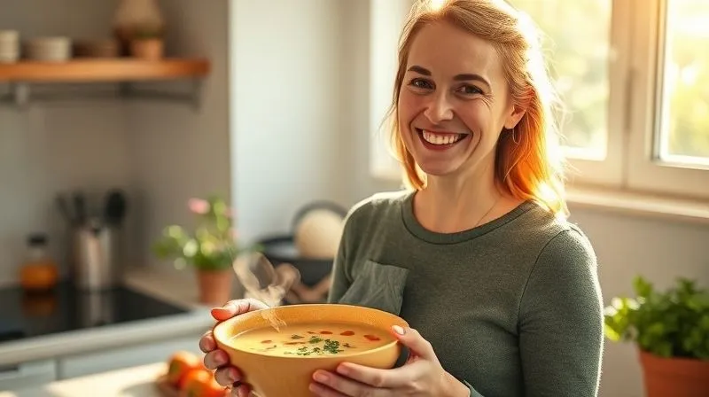 A candid, photorealistic image of a happy woman in her late 30s, smiling brightly while holding a vibrant, steaming bowl of creamy vegetable soup in a modern kitchen. The sunlight streams through a window, highlighting her healthy glow and the fresh ingredients on the counter. Sharp focus on the woman and the soup, with a soft depth of field. 8K, professional photography, shot on a high-end DSLR, conveying a sense of achievement and well-being.