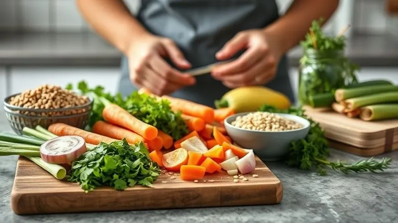 A photorealistic, professional photography of a kitchen counter with various healthy ingredients for soup preparation: a cutting board with freshly chopped vegetables like carrots, celery, and onions, alongside a bowl of lentils and a stack of fresh herbs. In the background, a person's hands are blurred, suggesting active cooking. Cinematic lighting, sharp focus on the ingredients, depth of field. 8K, shot on a high-end DSLR, conveying a sense of healthy cooking and meal prep.