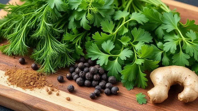 A close-up shot of various fresh herbs like dill, parsley, and cilantro, alongside spices like black pepper, cumin, and ginger, artistically arranged on a wooden cutting board. photorealistic, professional photography, 8K, cinematic lighting, sharp focus, depth of field, shot on a high-end DSLR, emphasizing freshness and aroma.