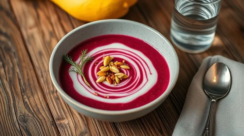 A beautifully styled serving of beetroot cream soup in a modern bowl, garnished with a sprinkle of roasted pumpkin seeds and a fresh sprig of dill, placed on a rustic wooden table next to a glass of water. photorealistic, professional photography, 8K, cinematic lighting, sharp focus, depth of field, shot on a high-end DSLR, evoking a sense of healthy, delicious dining.