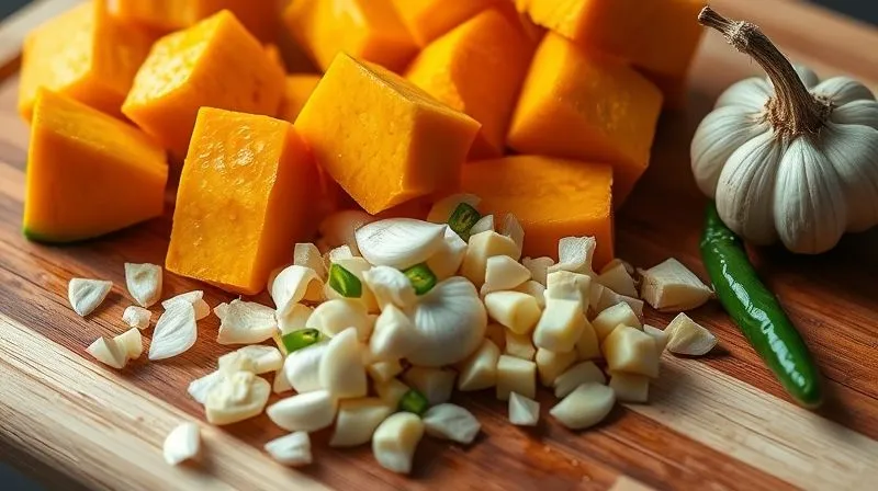 Photorealistic close-up of vibrant, fresh pumpkin cubes and chopped ginger, garlic, and chili on a wooden cutting board, ready for cooking. Cinematic lighting, 8K, sharp focus, depth of field.