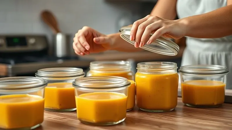 A photorealistic shot of a meal prep setup in a modern kitchen, with several glass containers filled with creamy pumpkin soup, ready for the week. A woman's hands are visible, placing a lid on one container. Soft, natural light, 8K, sharp focus, depth of field.