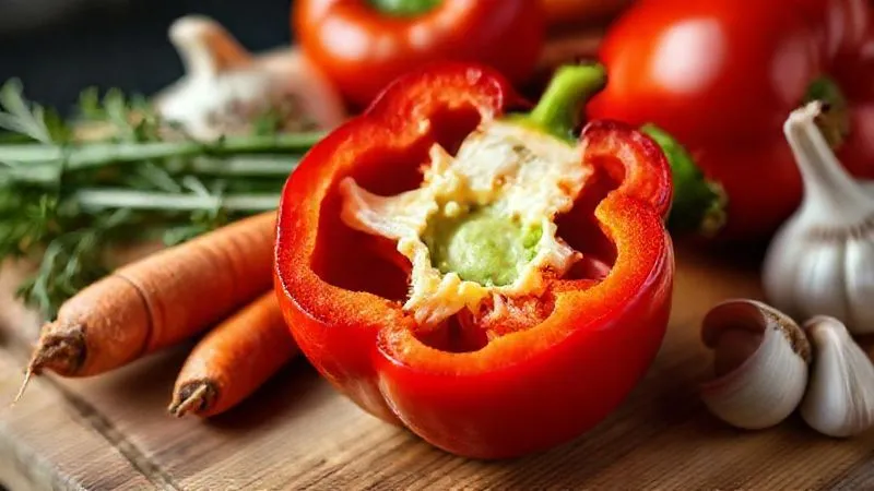 A close-up, photorealistic shot of a vibrant red bell pepper, sliced open to reveal its fibrous interior and seeds, surrounded by other fresh vegetables like carrots, onions, and garlic on a wooden cutting board. Cinematic lighting, sharp focus on the pepper's texture, depth of field blurring the background, 8K hyper-detailed, shot on a high-end DSLR, emphasizing freshness and natural ingredients.
