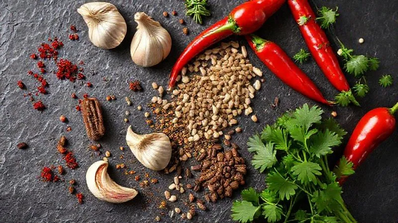 A vibrant, photorealistic array of fresh herbs and spices, including smoked paprika, fresh garlic cloves, red chili peppers, cumin seeds, and fresh cilantro sprigs, beautifully arranged on a dark slate background. Cinematic lighting, sharp focus on the textures and colors of the spices, depth of field, 8K hyper-detailed, shot on a high-end DSLR, conveying rich flavor and aromatic potential.