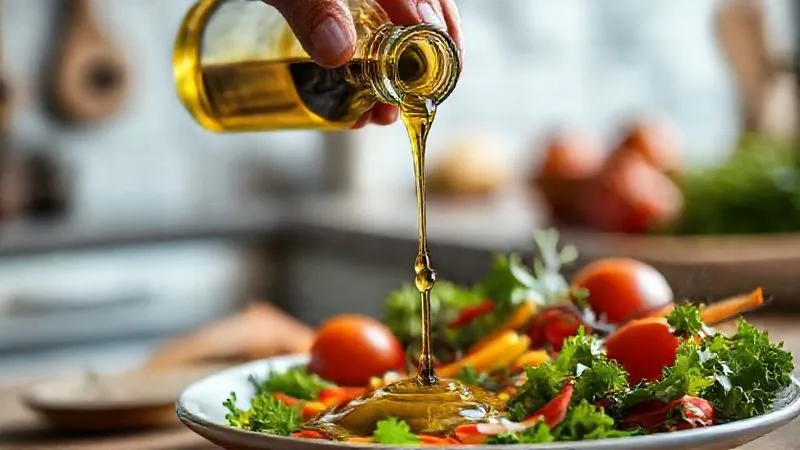 A professional studio shot of a hand pouring a small amount of olive oil from a elegant glass bottle onto a plate of fresh, vibrant vegetables, with a blurred background of a healthy kitchen setting. Cinematic lighting, sharp focus on the olive oil stream and the healthy ingredients, depth of field, 8K hyper-detailed, shot on a high-end DSLR, symbolizing healthy fat intake and conscious cooking.