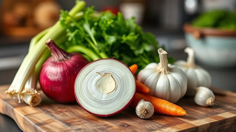 Photorealistic, professional photography of an assortment of fresh, vibrant vegetables on a rustic wooden cutting board: a firm, white celery root, a bright green leek, a red onion, garlic cloves, and a small, crisp carrot. Dramatic natural lighting, sharp focus on the textures, depth of field blurring the background of a kitchen. 8K hyper-detailed, shot on a high-end DSLR.