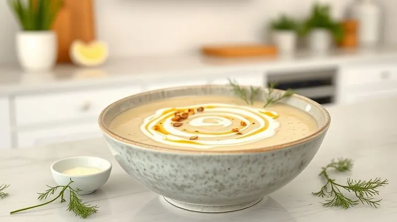 Photorealistic, professional photography of a beautifully plated celery cream soup in a contemporary ceramic bowl. It's garnished with a swirl of Greek yogurt, a sprinkle of toasted pumpkin seeds, fresh dill sprigs, and a light drizzle of olive oil. The background is a minimalist, bright kitchen counter with soft, diffused light. Sharp focus on the soup, shallow depth of field. 8K hyper-detailed, shot on a high-end DSLR.