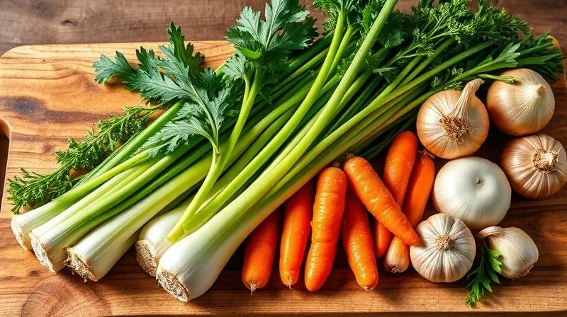 A vibrant, artfully arranged still life of fresh celery stalks and root, alongside other raw vegetables like carrots, onions, and garlic, on a rustic wooden cutting board, bathed in warm, natural light. photorealistic, professional photography, 8K, cinematic lighting, sharp focus, depth of field, shot on a high-end DSLR.